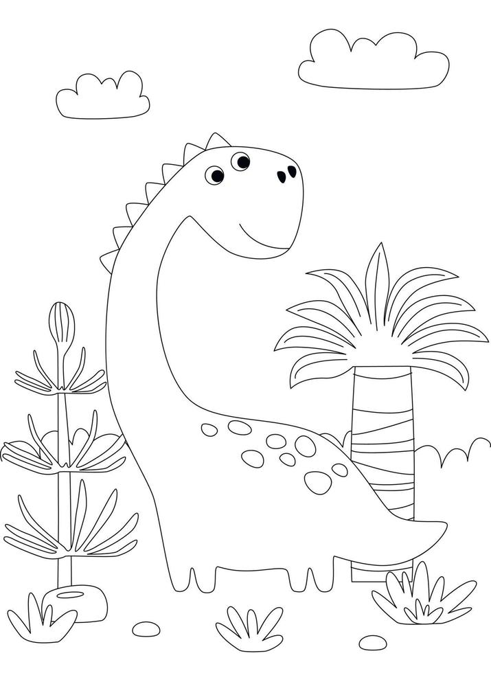 Funny cartoon dinosaur Diplodocus. Black and white vector illustration for coloring book