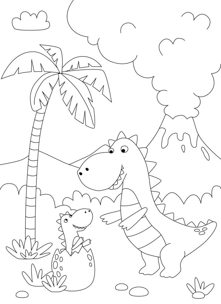 Funny cartoon dinosaur and little dino. Black and white vector illustration for coloring book