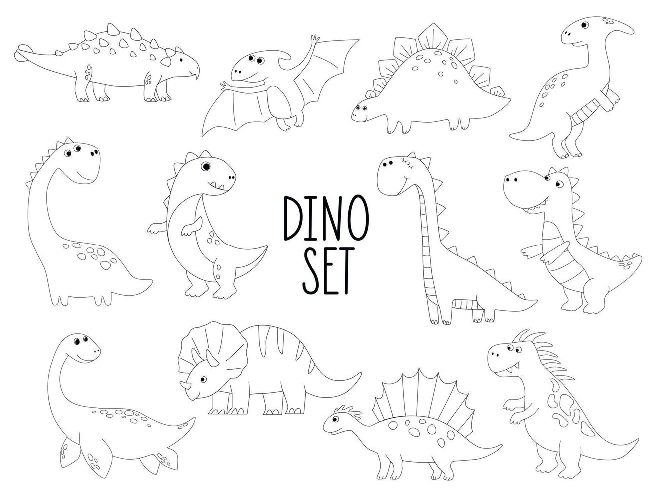 Big set of cute dinosaur outlines in cartoon style. Kids coloring book illustrations. vector