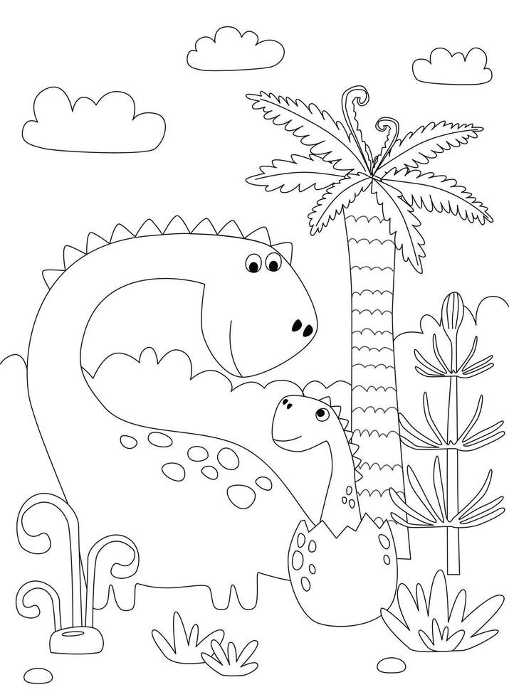 Funny cartoon dinosaur Diplodocus and little dino. Black and white vector illustration for coloring book