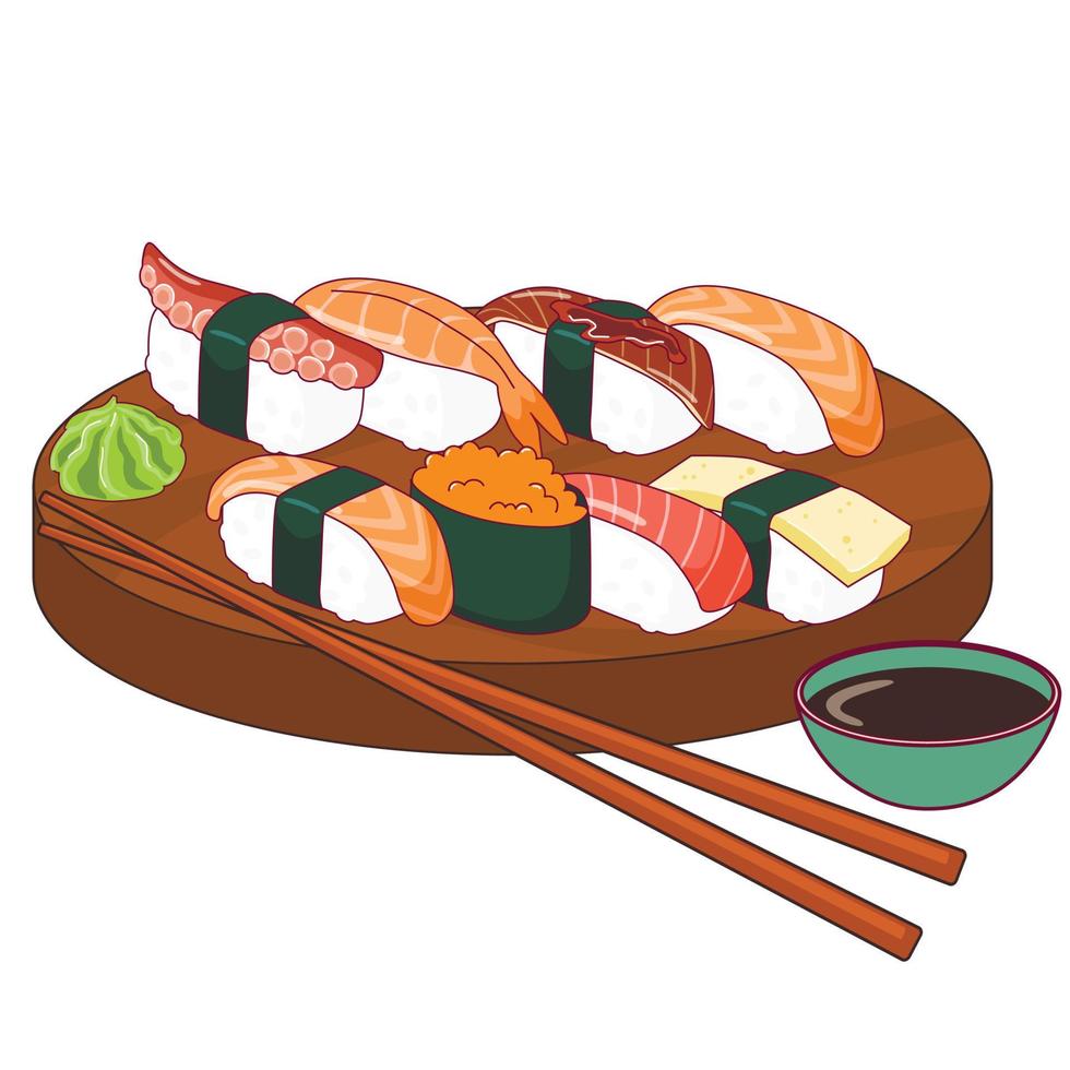 juego de sushi, vector aislado. ilustración coloreada de delicioso sushi y nigiri en el tablero y palillos sobre fondo blanco. logotipo de café, letrero, cocina asiática, página de menú, pancarta