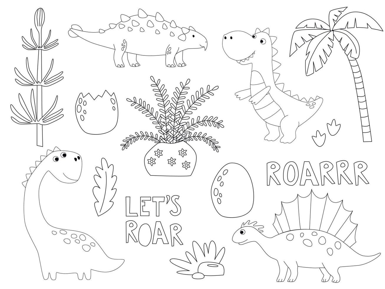 Set of cute dinosaur outlines in cartoon style. Kids coloring book illustrations. vector
