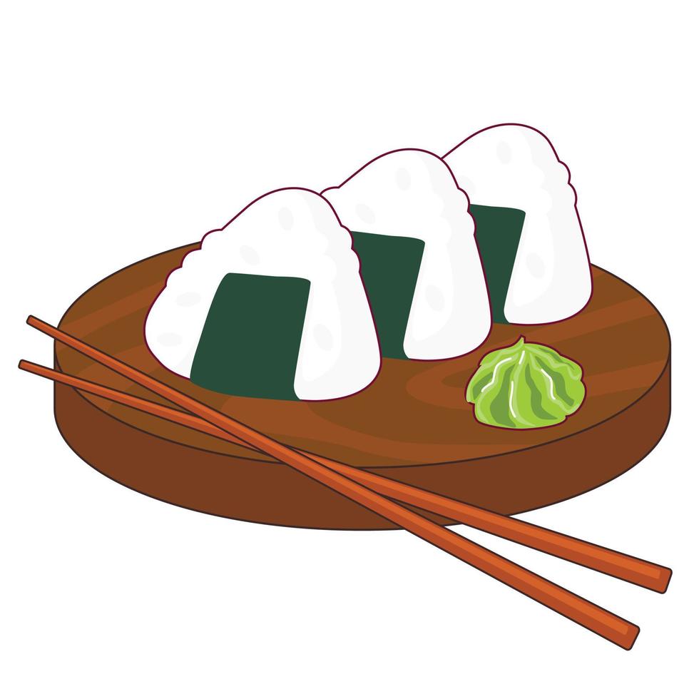 ilustración coloreada de delicioso sushi onigiri en el tablero y palillos sobre fondo blanco. logotipo de café, letrero, cocina asiática, página de menú, pancarta vector