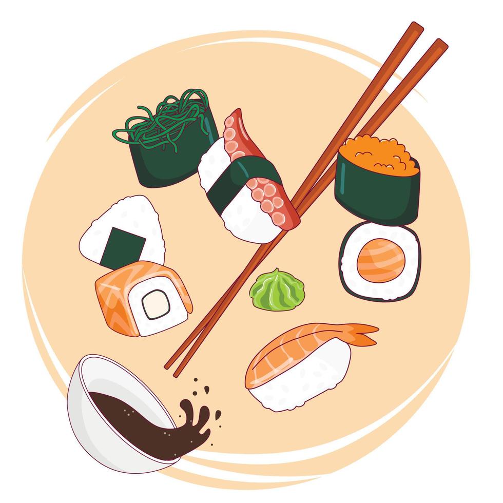 vector illustration of sushi rolls set and chopsticks in motion against orange circle background. Cafe poster, signboard, asian cuisine menu decoration, ad banner design