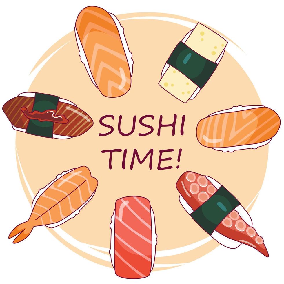 ilustración vectorial de sushi nigiri contra el fondo del círculo naranja con letras tiempo de sushi. afiche de café, letrero, decoración de menú de cocina asiática, diseño de pancartas vector