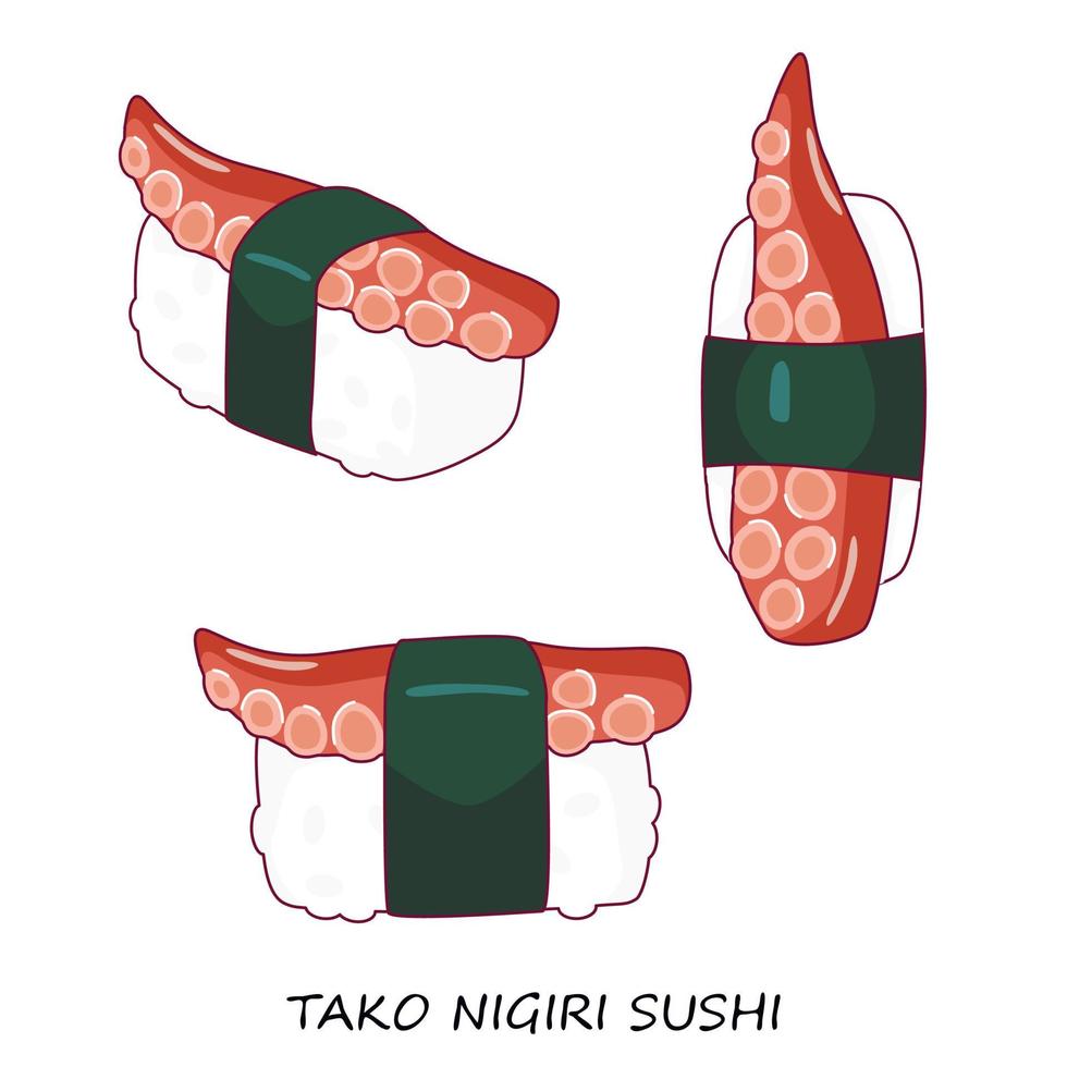 Octopus sushi nigiri on white background. Tako nigiri. Different view. Traditional Japanese food. Vector clipart.