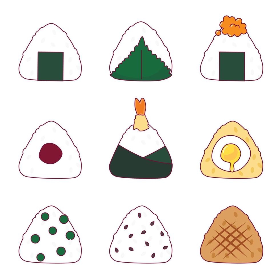 Various onigiri. Hand drawn colored Vector set. Japanese cartoon style. Trendy illustration.