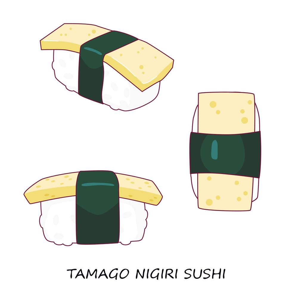 japanese omelet sushi nigiri on white background. Tamago nigiri. Different view. Traditional Japanese food. Vector clipart.