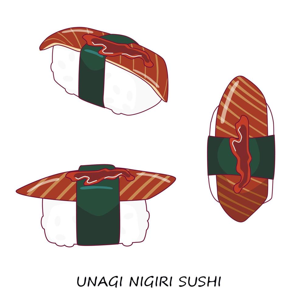 Eel sushi nigiri on white background. Unagi nigiri. Different view. Traditional Japanese food. Vector clipart.