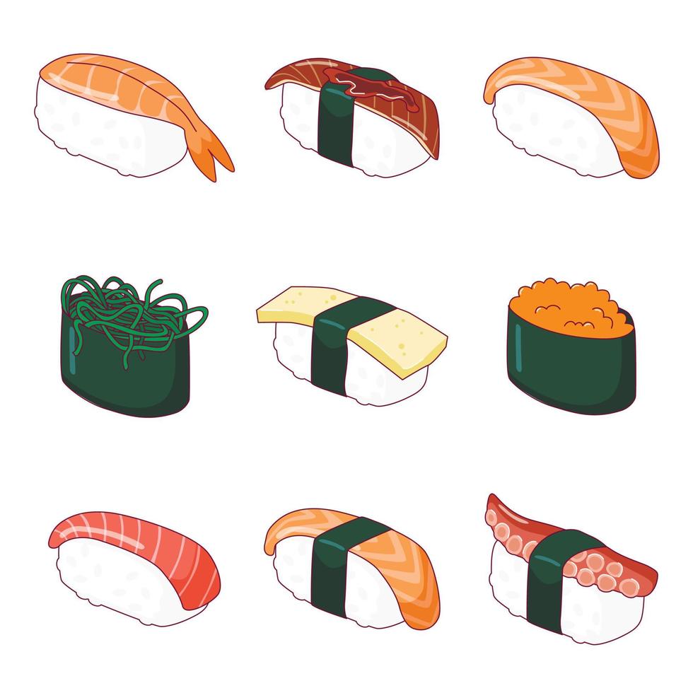 Various sushi and nigiri. Hand drawn colored Vector set. Japanese cartoon style. Trendy illustration.