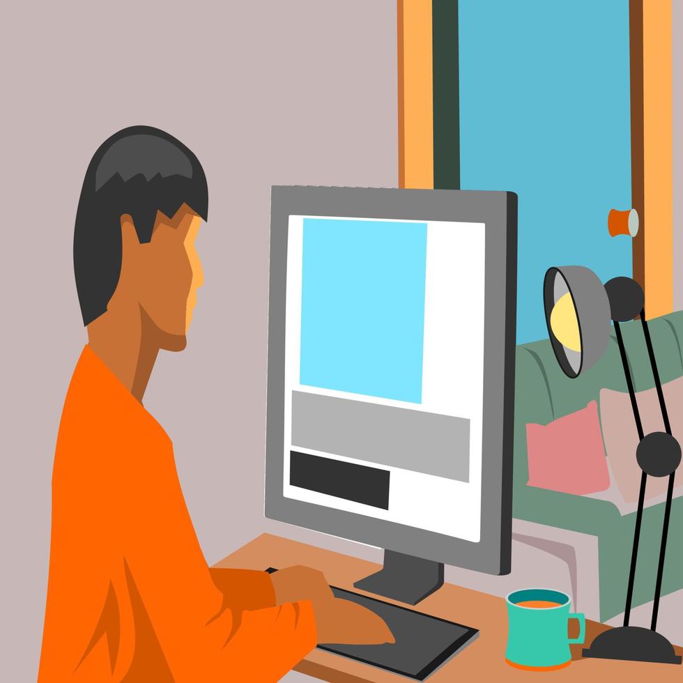 man is typing on the computer, work from home vector illustration.