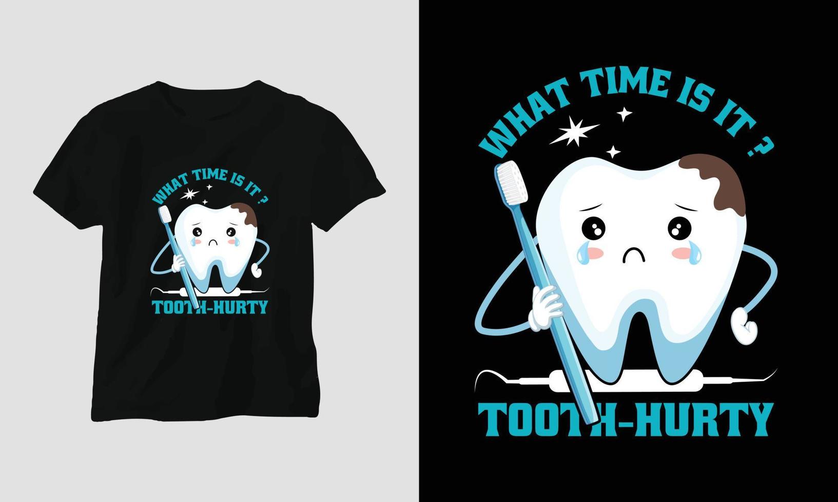 Camiseta de dentista vectorial o diseño lindo de póster con dientes de dibujos animados, elementos dentales, etc. vector