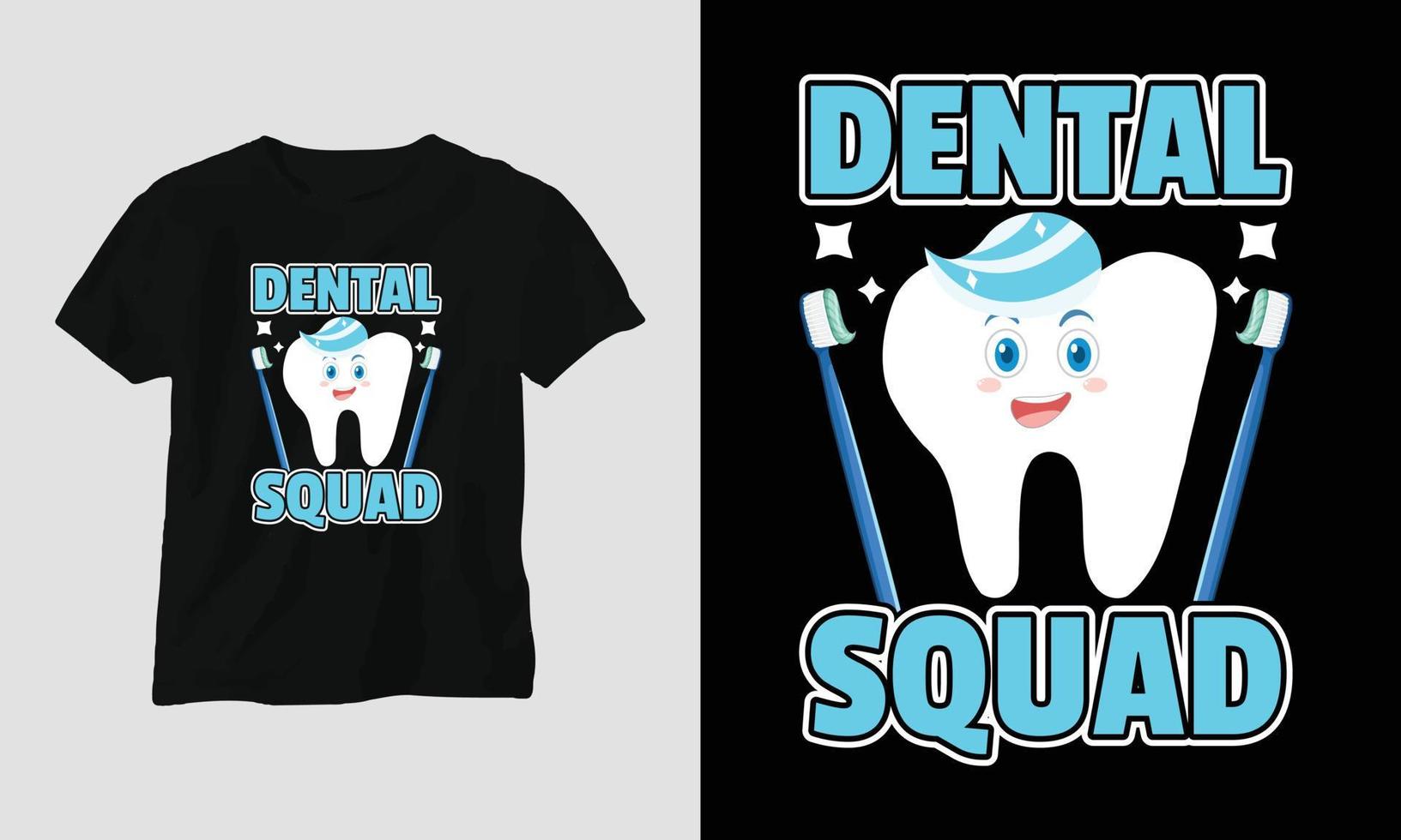 Camiseta de dentista vectorial o diseño lindo de póster con dientes de dibujos animados, elementos dentales, etc. vector