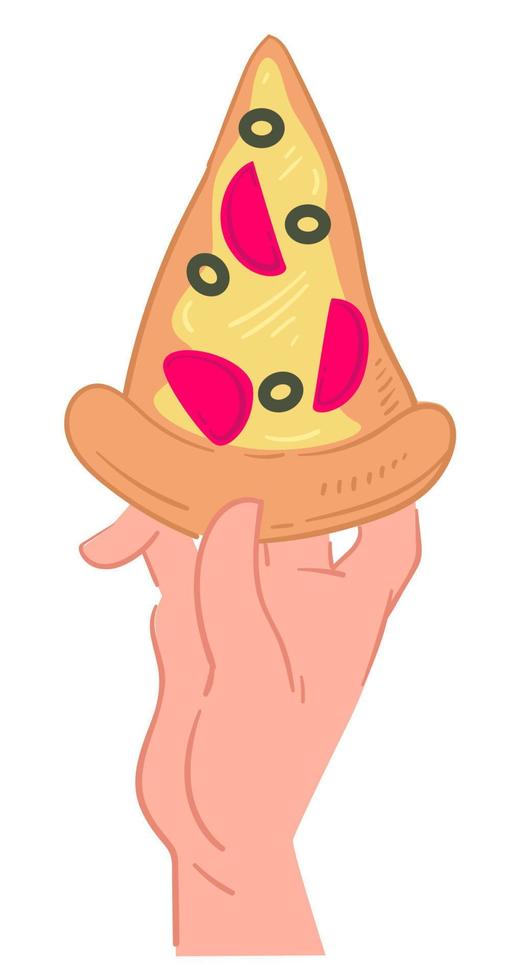 Hand holding slice of italian pizza, fast food vector