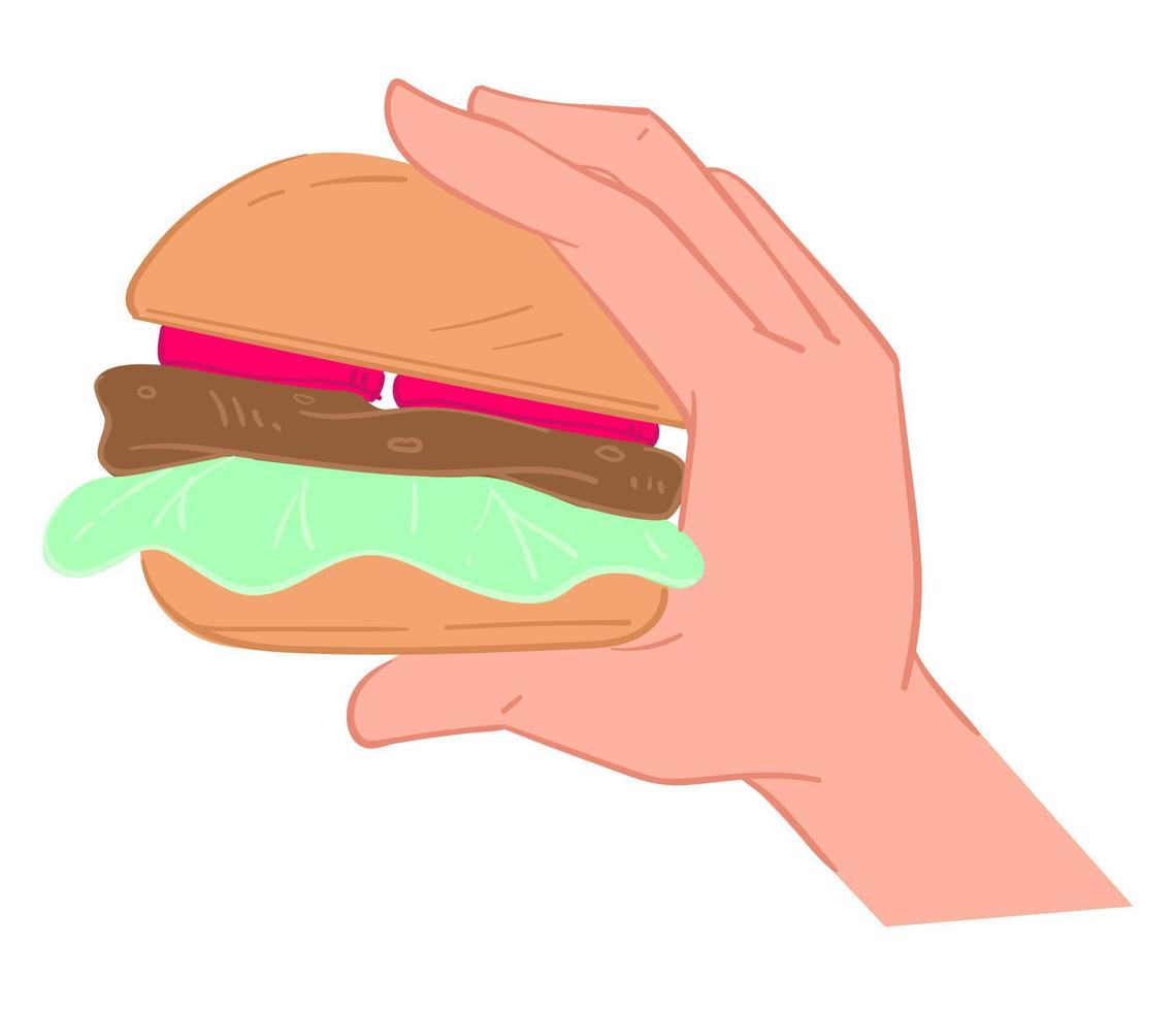 mano sosteniendo hamburguesa grasosa con carne y verduras vector