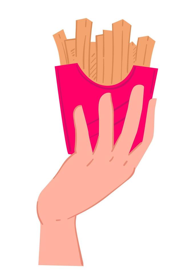 Hand holding pack of salty french fries vector