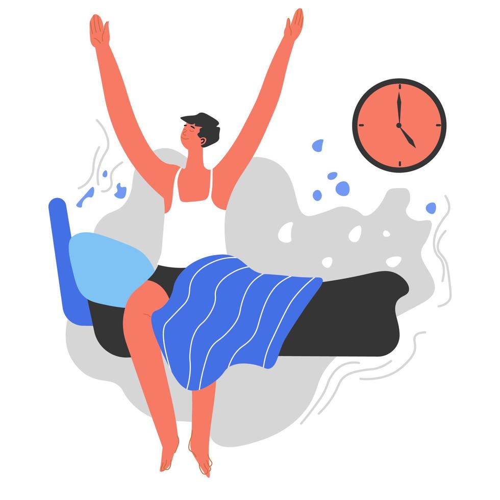 Waking up early, energetic man with healthy habits vector