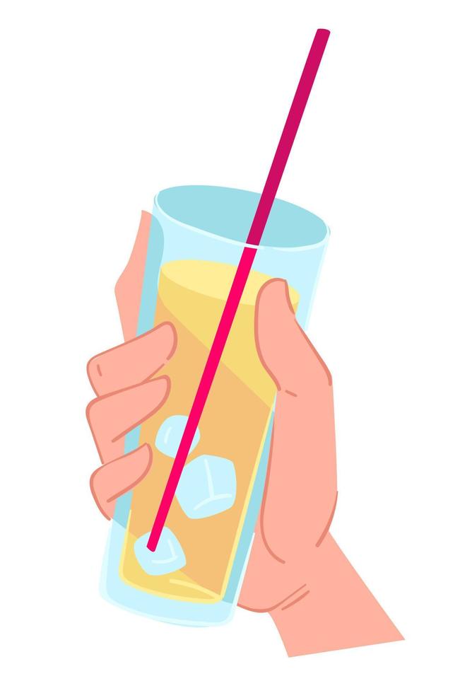 Hand holding lemonade with ice cubes and straw vector