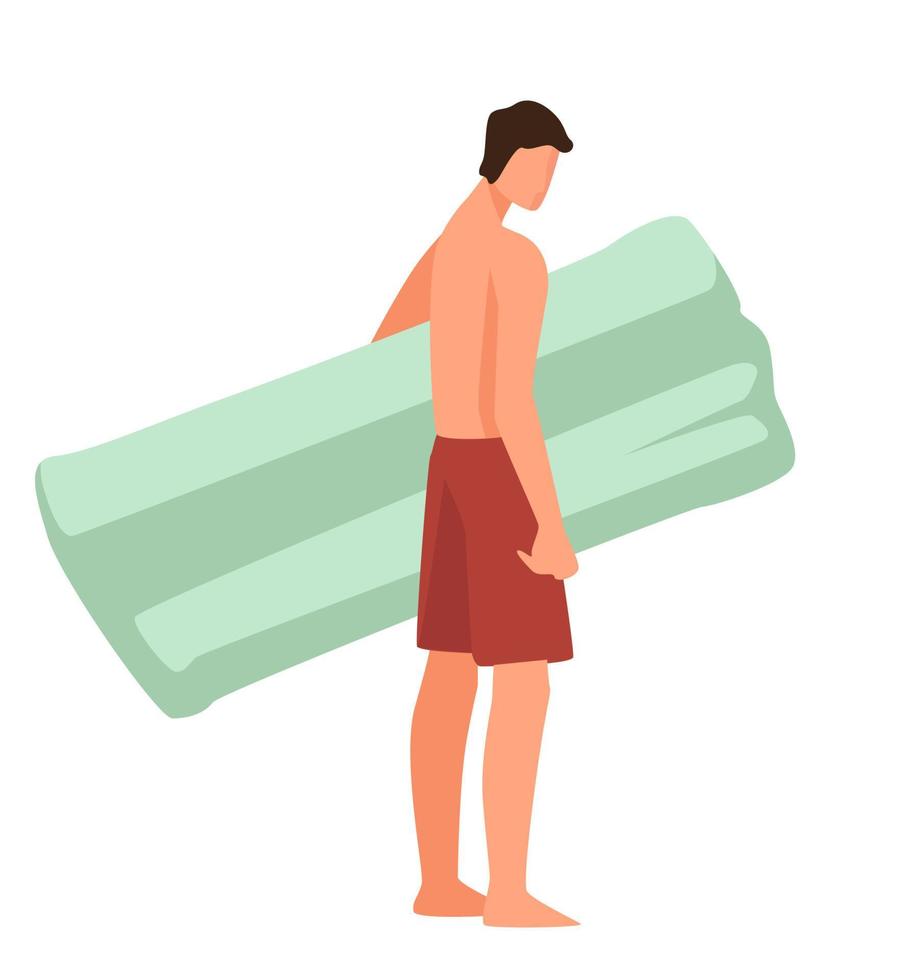 Male character with inflatable mattress for floating on water vector