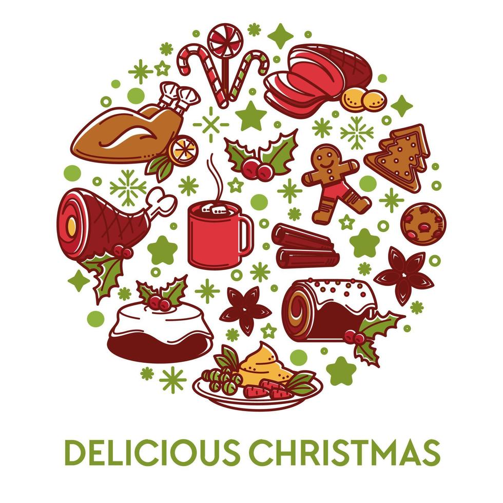 Delicious Christmas food and dishes for winter holidays vector