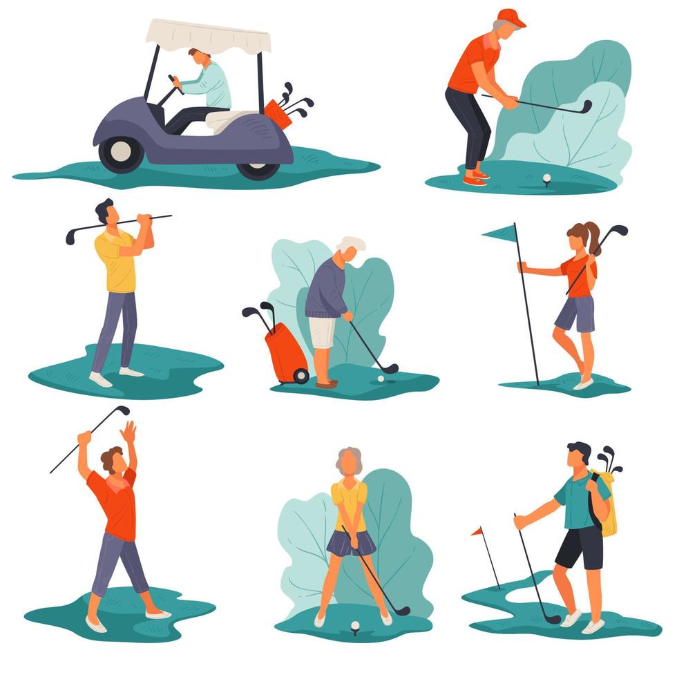 Golf club, people playing game on wide field vector