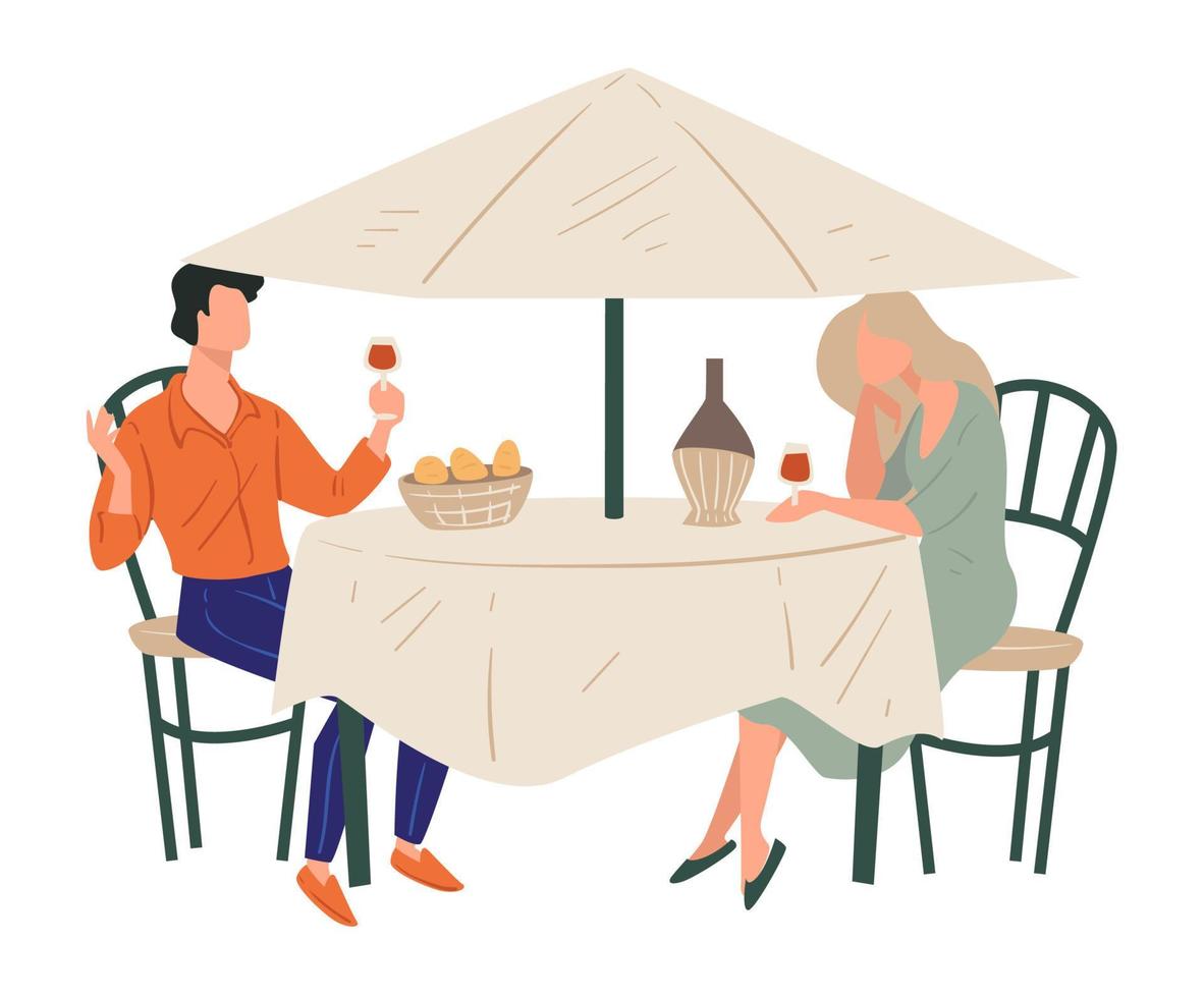 pareja en cita bebiendo vino en restaurante o cafetería vector