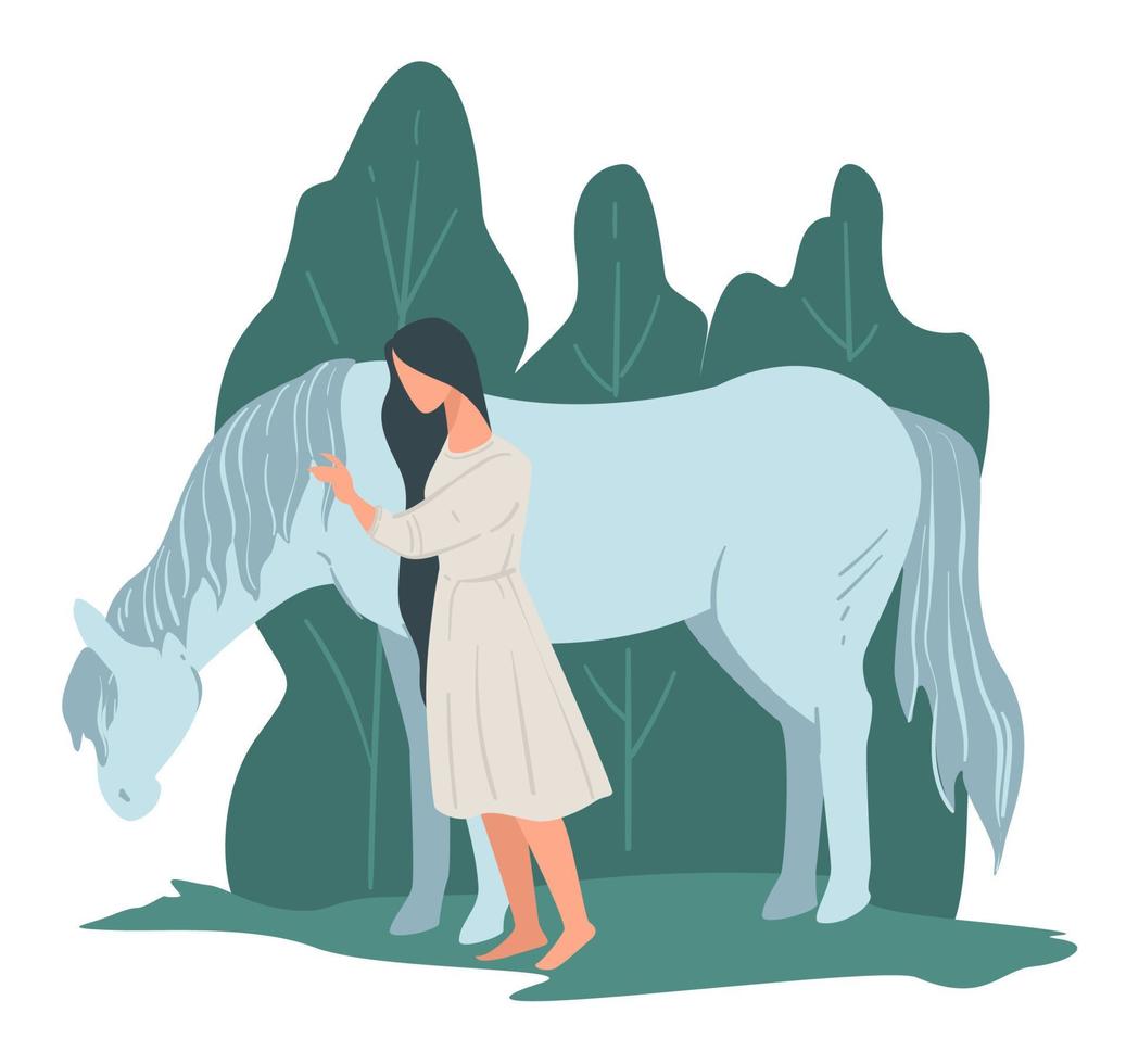 Horse riding, woman standing by horse, hobby or leisure vector