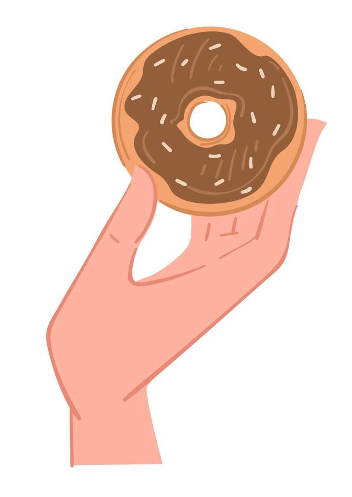 Glazed chocolate donut, hand holding dessert with cream vector
