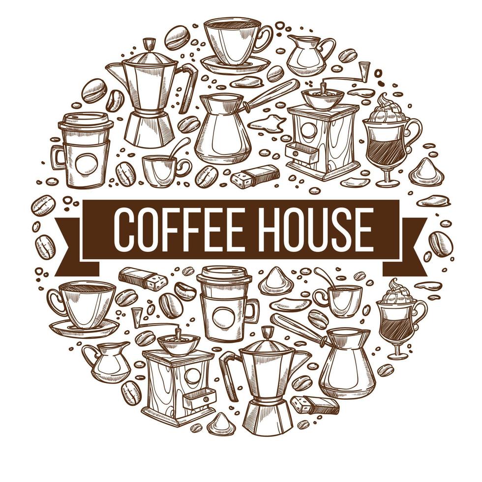 Coffee house circular banner with cups and beans vector