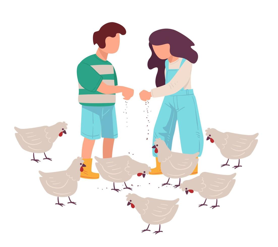 Children feeding chicken on farm, boy and girl vector