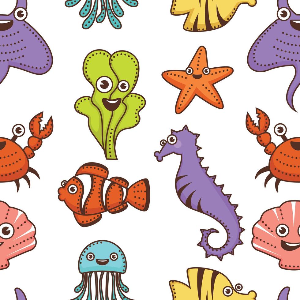 Underwater animals and plants cartoon characters seamless pattern vector