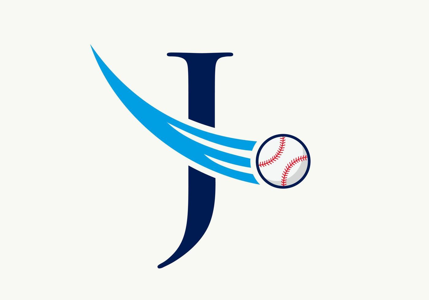 letra j concepto de logotipo de béisbol con plantilla de vector de icono de béisbol en movimiento