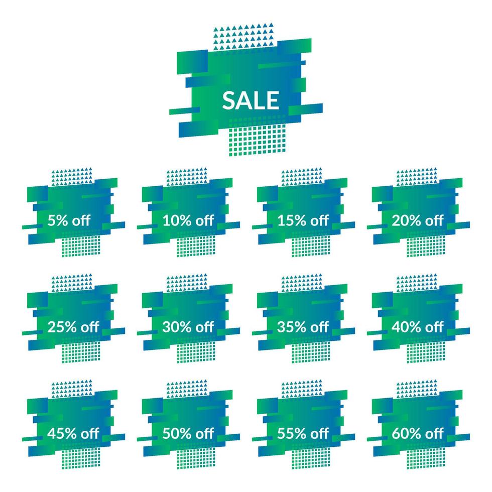 Set of green sale banners on the modern gradient shape. Geometric trendy banners with discounts of five to sixty percent. Modern gradient shape with promotion text. Vector illustration.