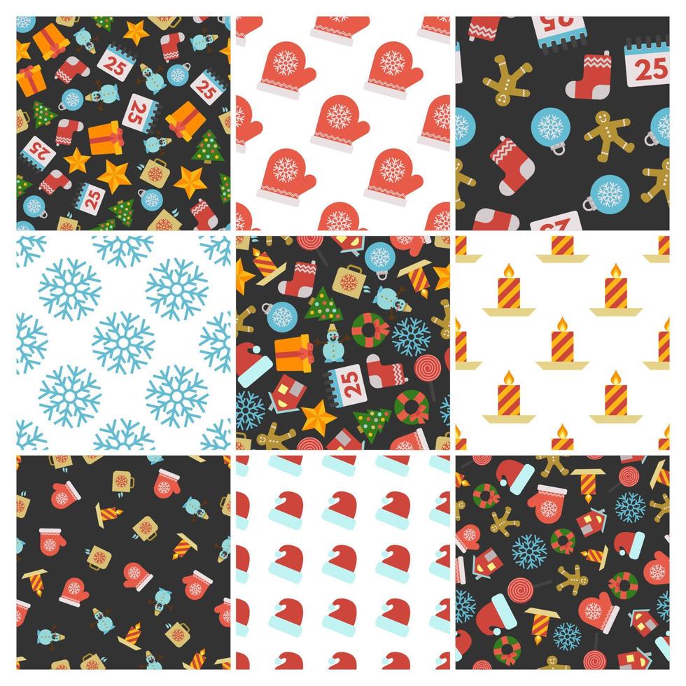 Set of nine Christmas Seamless Patterns with icons in flat style. Vector illustration