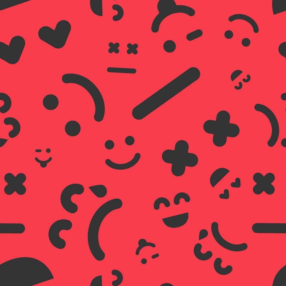 Cartoon faces with emotions. Seamless pattern with different emoticons on red background. Vector illustration