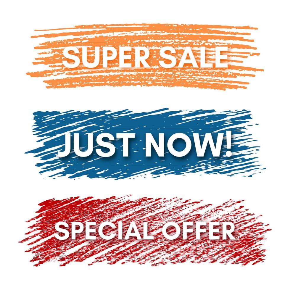 Super Sale, Just Now, Special Offer. Set of three sale banners on the colorful painted spots. Vector illustration