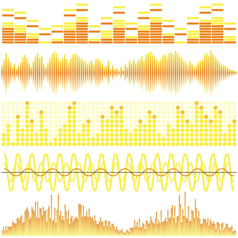 conjunto vectorial de ondas sonoras amarillas. ecualizador de sonido ondas de sonido y audio aisladas sobre fondo blanco vector