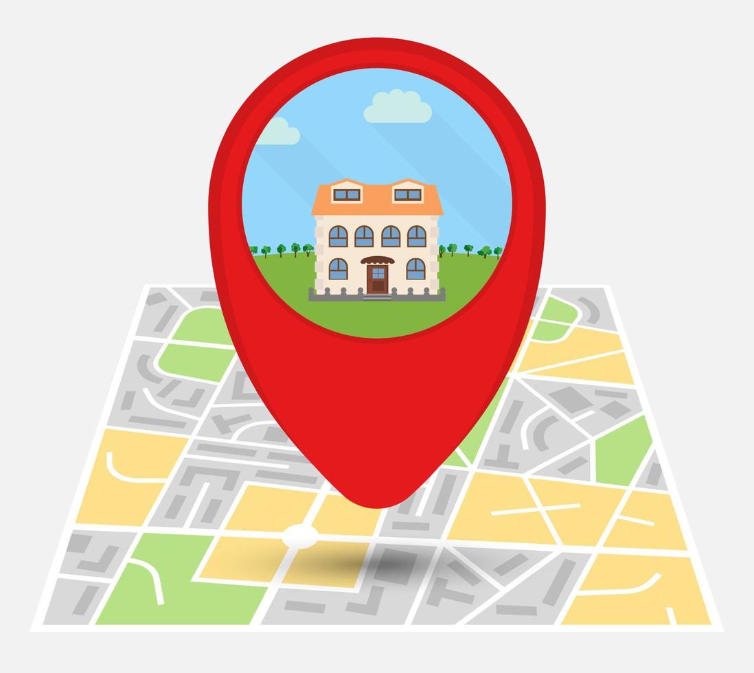 Map of an imaginary city with point on the map with a lonely house. Vector illustration.