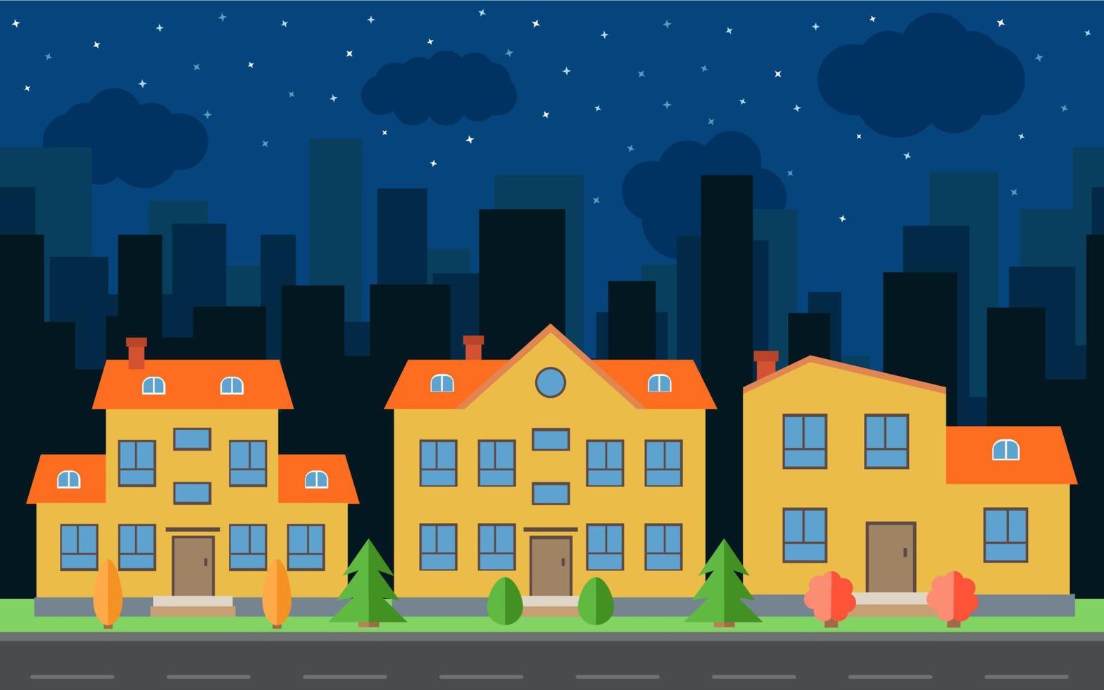 ciudad nocturna vectorial con casas y edificios de dibujos animados. espacio de la ciudad con carretera en concepto de fondo de estilo plano. paisaje urbano de verano. vista de la calle con paisaje urbano en un fondo vector