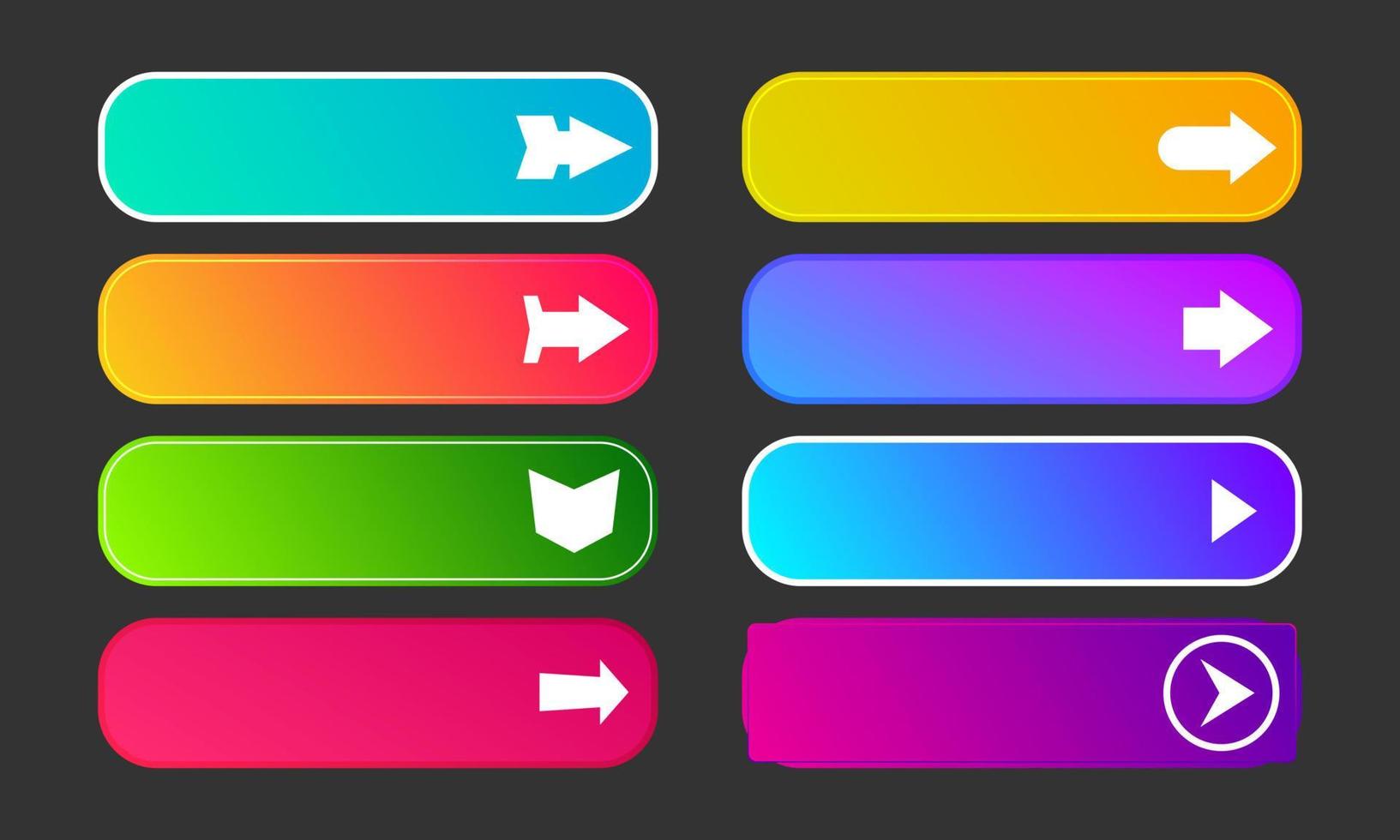 Colorful gradient buttons with arrows. Set of eight modern abstract web buttons. Vector illustration