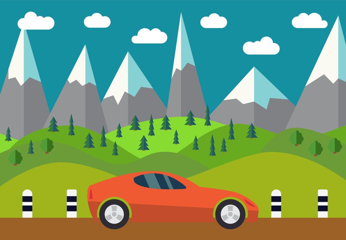 Red car on the road against the backdrop of the forest and mountains. Vector illustration.