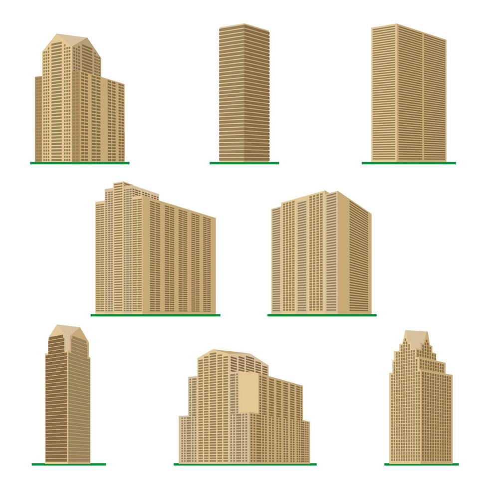 Set of eight modern high-rise building on a white background. View of the building from the bottom. Isometric vector illustration.