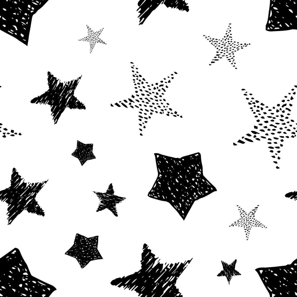 Seamless background of doodle stars. Black hand drawn stars on white background. Vector illustration