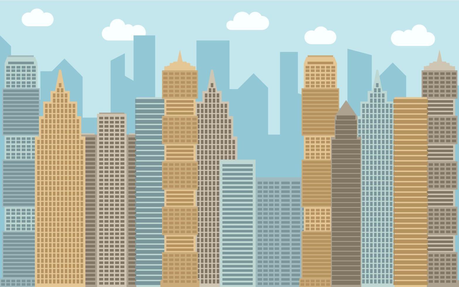 Vector urban landscape illustration. Street view with cityscape, skyscrapers and modern buildings at sunny day. City space in flat style background concept.