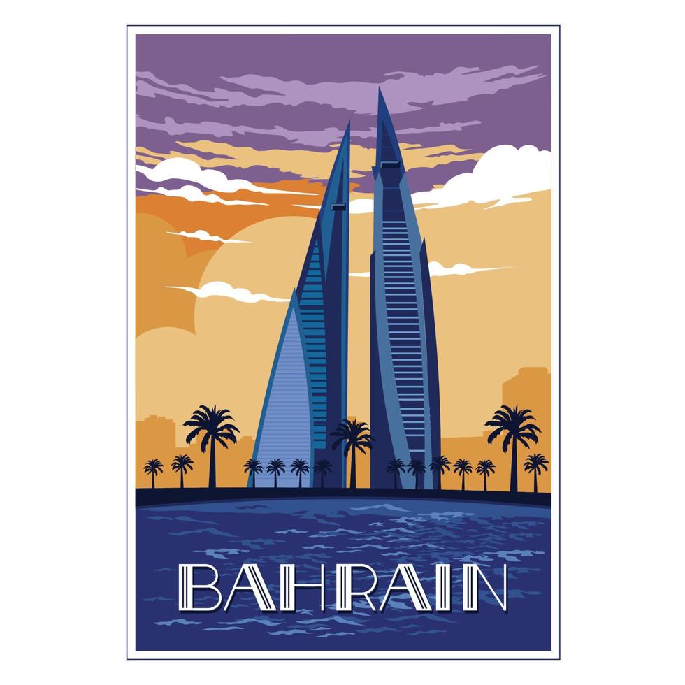 diseño de afiches antiguos de viaje del centro de comercio mundial de bahrein, perfecto para el diseño de camisetas y todo tipo de mercadería vector