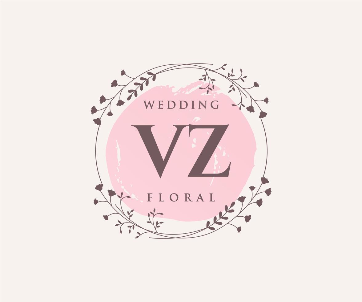 Plantilla de logotipos de monograma de boda con letras iniciales vz, plantillas florales y minimalistas modernas dibujadas a mano para tarjetas de invitación, guardar la fecha, identidad elegante. vector