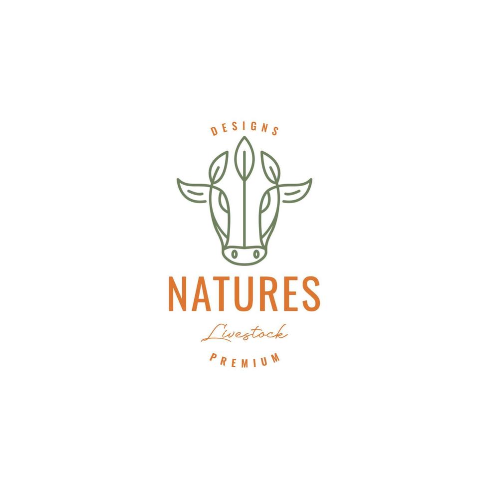 head cows livestock cattle leaves food good meat lines art style hipster vintage minimal logo design vector icon illustration template