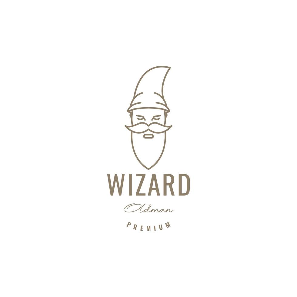 old man wizard long bearded and mustache long hat magician line hipster logo design vector icon illustration template