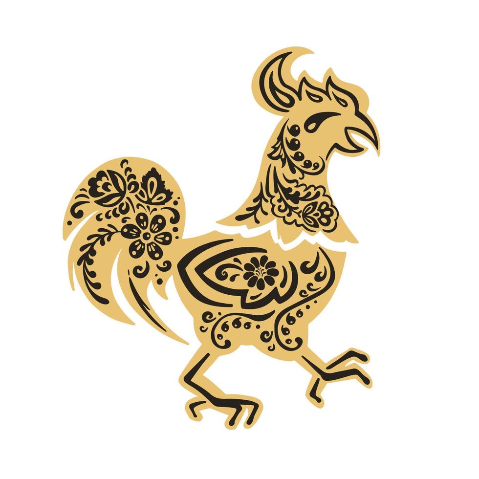 Rooster, chicken in the style of Khokhloma painting, black and gold,  vector illustration