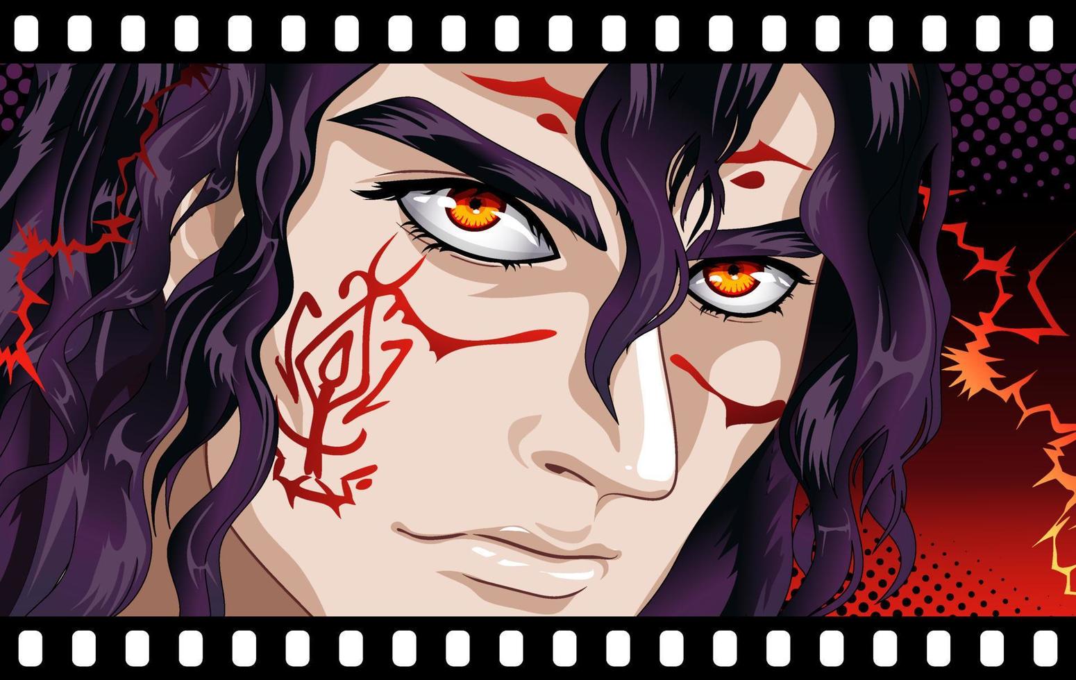 cara de guerrero con pelo largo y ojos rojos. vector